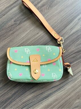 Dooney & Bourke Mint Green Heart Print Wristlet with Tan Trim and Pink Accents